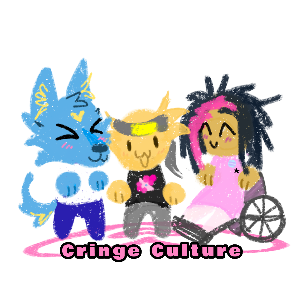 Three crayon textured characters, a blue anthro wolf, a yellow character with a headband and My Little pony shirt, and a yellow girl with pink and black scene styled hair they have a trans pin on their pink dress and are in a wheelchair, they are standing together on a pink heart with pink text labeled 'Cringe Culture' at the bottom.